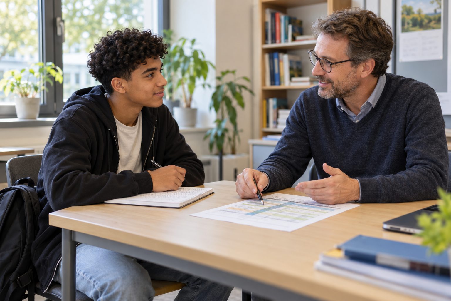 Schüler im Beratungsgespräch mit einem Lehrer