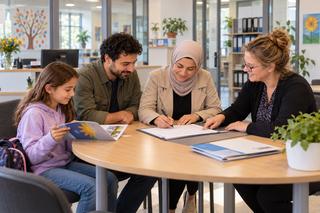 Lehrerin im Gespräch mit Schülerinnen